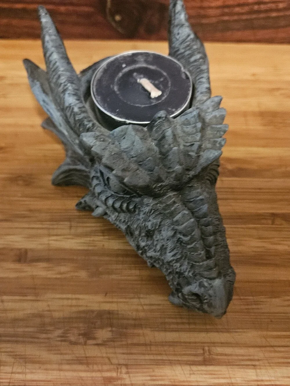 Gothic Dragon Head Tealight Candle Holder | 5” Grey Stone Finish Resin Figurine